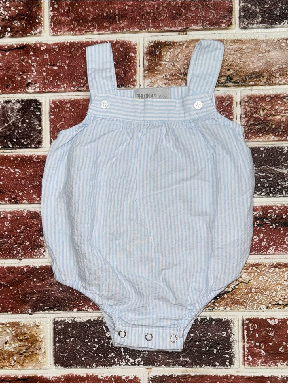 Phlona blue seersucker bubble romper 6-9m, best 3-6m baby boys